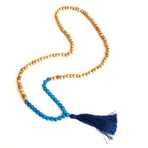 NWT Wooden Blue Beaded Long Tassel Necklace